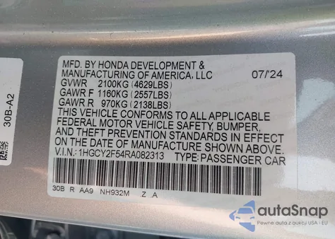 2024 Honda Accord Hybrid Sport z USA, uszkodzony, nr VIN 1HGCY2F54RA082313